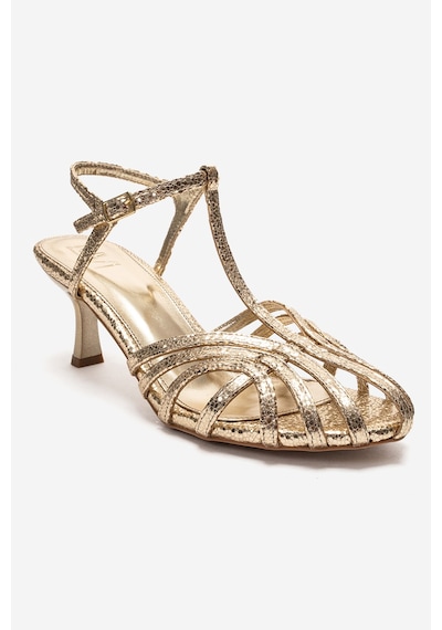 Luvishoes Felip Altın Desenli Bantlı Kadın Kısa Topuklu Ayakkabı Altın