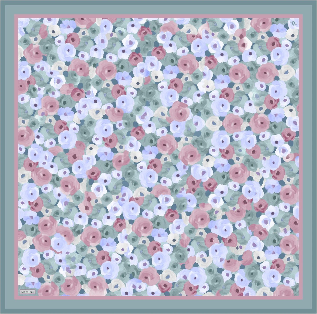 Armine Çiçek Desenli Saf İpek Twill Eşarp 9300d 50 Mavi