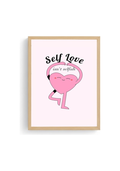 Doğal Ahşap Çerçeveli Self Love Kalp Tablo - Retro Pop Art Tasarım Huhu2748