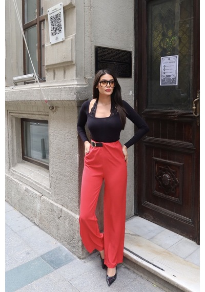Kechi Woman Linda Twill Kumaş Kemer Detay Pantolon Kırmızı