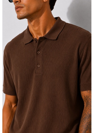 Ribana Erkek Kısa Kollu Fitilli Yarım Düğme Kapama Polo Yaka T-shirt 26001 Kahverengi
