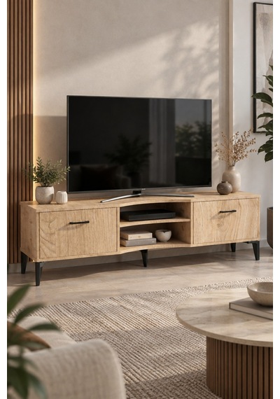 Sulorahome Bej Suntalam Tv Sehpası 160x35 Cm Sepet Desenli Ve Kapaklı