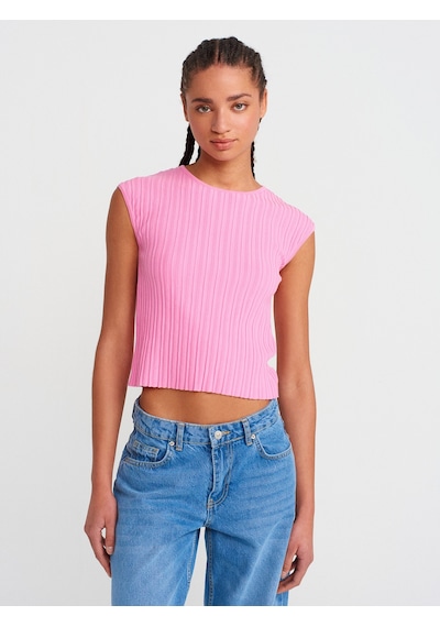 Dilvin 10738 Bisiklet Yaka Fitilli İnce Triko Bluz-koyu Pembe Koyu Pembe