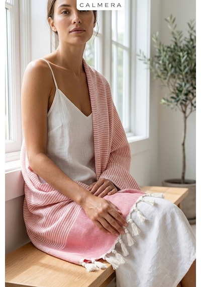 Calmera Çizgili Peştemal Pamuk - Doğal Saçaklı Plaj, Deniz, Havuz, Spa, Sauna, Spor, Seyahat Havlu - Pembe