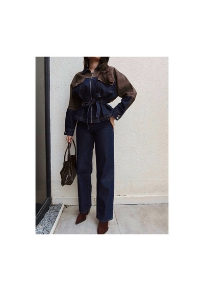 Brtc Design Kadın Kahverengi Çift Renk Denim Kuşaklı İkili Takım