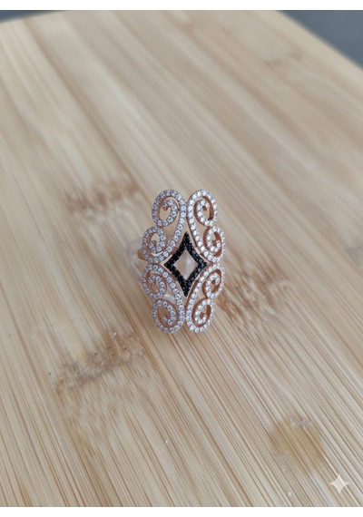 Roz Kaplama Oniks Baklava Desenli Filigran Yüzük Gümüş - Rose Gold