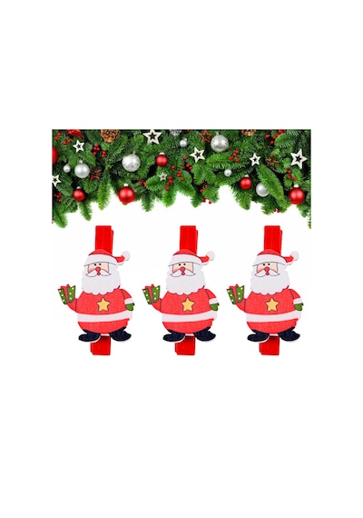 Yılbaşı Hediye Motifli Noel Baba Dekoratif Mandal 6'lı