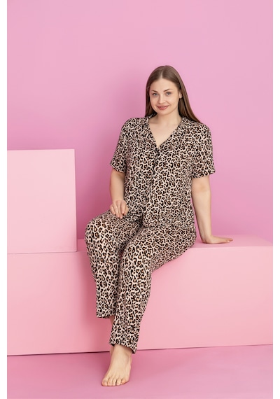Rindahomewear Büyük Beden Leopar Desen Milan Düğmeli Pijama Takımı Kahverengi