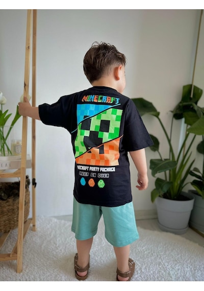 Erkek Çocuk Mınecraft Desenli Pamuk Şortlu Takım Yeşil