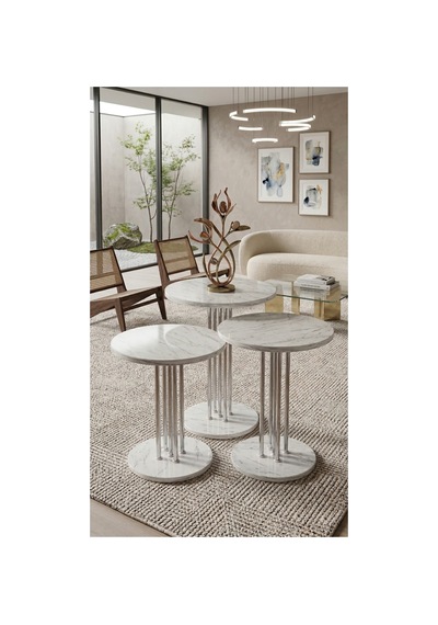 3'lü Yuvarlak Modern Sehpa Altay Krom - Carrara Mermer Desen Çok Renkli