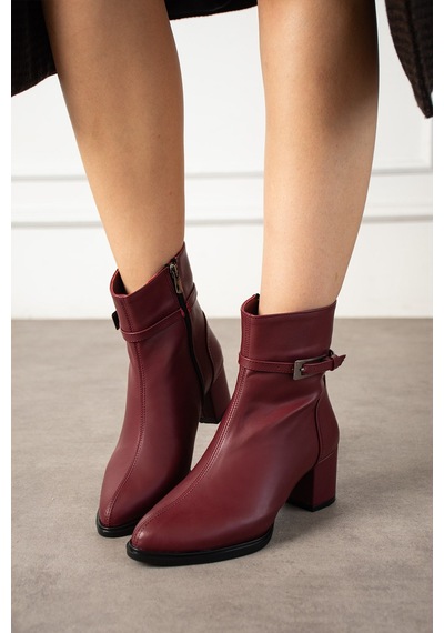 Dabab Shoes Astraya Kadın Bordo Tokalı Topuklu Kısa Konç Şık Kışlık Bot Bootie
