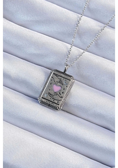 316l Çelik Zincir Eskitme Gümüş Renk Pembe Mineli Kalp Figürlü Tarot Kolye Çok Renkli