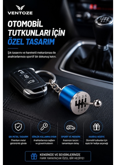 Hareketli Vites Topuzu Tasarımlı Metal Anahtarlık 6 İleri R Oto Aksesuar Mavi Metal