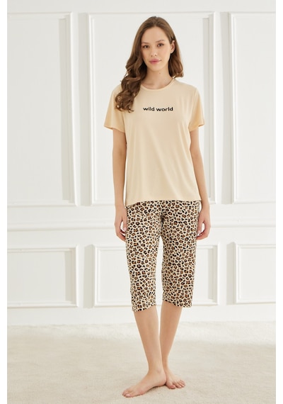 Mihra Kadın Pijama Takımı Kapri Kısa Kol Bej