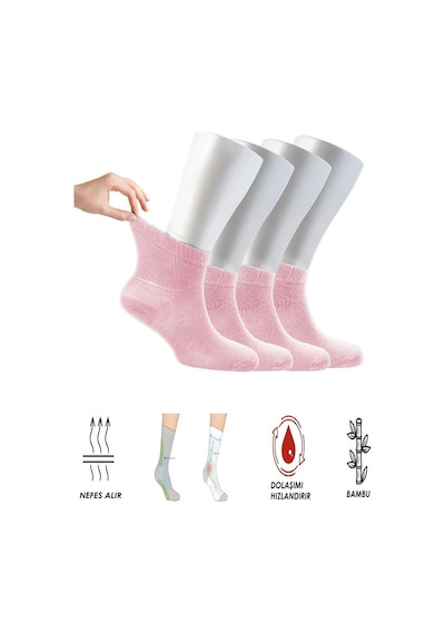 Ozzy Socks Kadın 4 Çift Bambu Lastiksiz Sıkmayan Diabetik Bilek Çorap Pembe