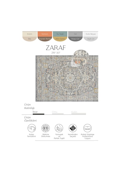 Cool Halı Zaraf Açık Gri Klasik Göbekli Etnik Desen Vintage Halı Oturma Odası Salon İnce Yazlık Halı