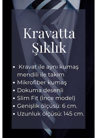 Gaffy Mavi Lacivert Şal Desenli Gri Dokuma Kumaş Mendilli Slim Fit Kravat // Sdk-240115 Çok Renkli