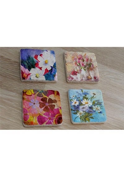 Renkli Papatyalar Doğal Taş Bardak Altlığı 4'lü Set - Natural Stone Coasters - Taş Çok Renkli