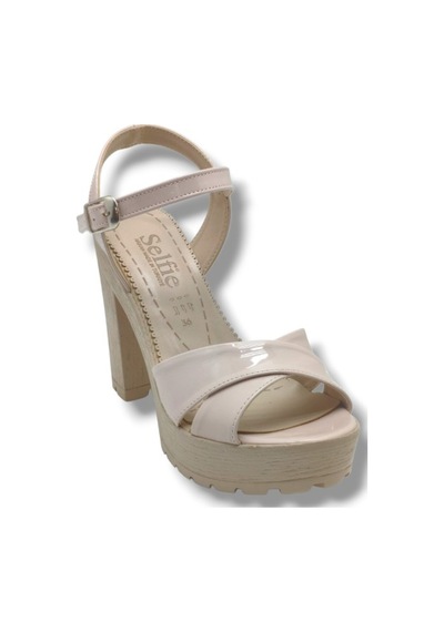 Selfie 4280-26 Rugan Çapraz Bant Platform Topuk Fashion Kadın Sandalet 11cm Bej