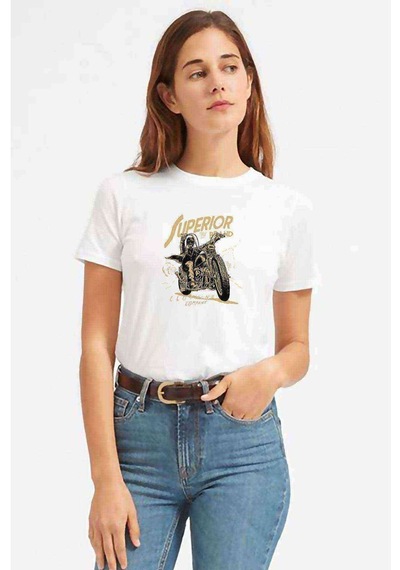 Superior Motorsiklet Baskılı Beyaz Kadın Tshirt