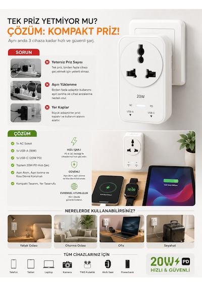 2500w Akım Korumalı Priz 1 Soket 1 Usb 1 Type-c Evrensel Çoklu Priz Şarj Adaptörü Güç Koruyucu Tv 0
