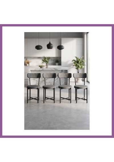 Bezos Sandalye 4 Adet Keten Kumaş Metal Ayak Modern Mutfak Sandalyesi Cafe Balkon Ofis Teddy 9809 Antrasit Rengaren