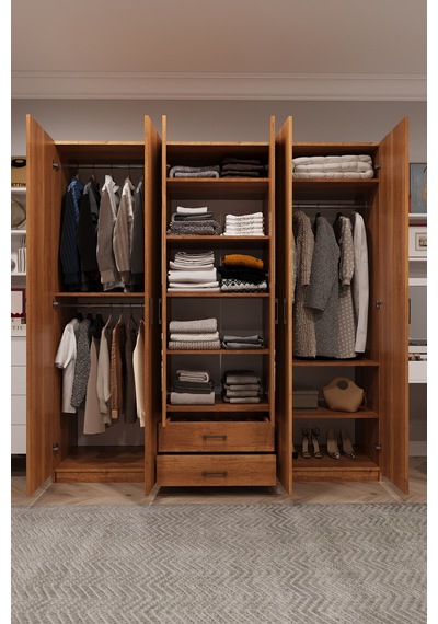 Asra Trend 6 Kapaklı Gardırop G-05 %100 MDF 2 Çekmeceli Aynalı Elbise Dolabı Petra