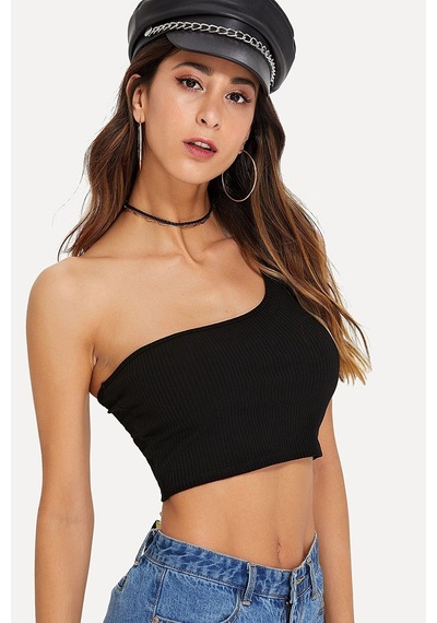 Moda Dua Kadın Siyah Tek Omuz Crop Büstiyer