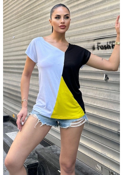 Kadın Sarı & Beyaz Kısa Kol, Color Block Tasarım, Salaş Bluz, Tshirt Sari