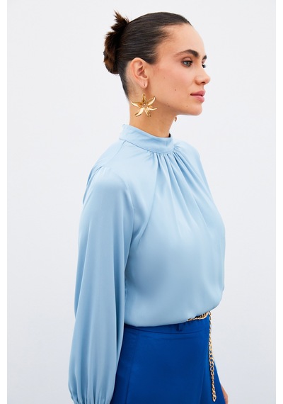 Sateen Yaka Detaylı Saten Bluz - Bebe Mavi-134912 Bebe Mavi