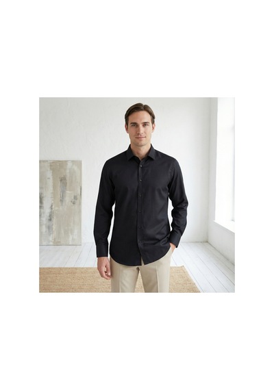 Yusaytr Slim Fit Uzun Kollu Pamuklu Gizli Düğme Yakalı Oxford Gömlek Siyah Siyah