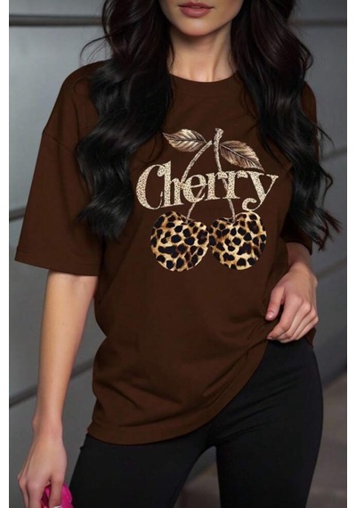 Gold Cherry Kadın Oversize Ön Baskılı Bisiklet Yaka Pamuklu T-shirt Rahat Kesim Kahve