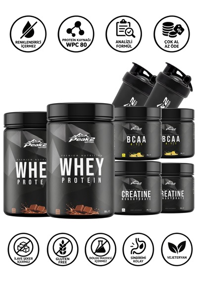 Fitness Paketi 3 - 2 Adet Whey Protein 2x500 Gr Çikolata + 2 Adet Kreatin Monohidrat Aromasız 2x300 Gr + 2 Adet Bcaa 4:1:1 2x300 Gr Limon + 2 Adet Shaker