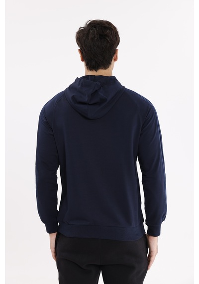 Rowinger Çift Şerit Kol Detaylı Tam Fermuarlı Cepli Rahat Kalıp Ayarlanabilir Kapüşonlu Sweatshirt Navyblue