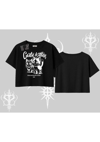 Tarzsokak Cute Kitten Yazılı Sevimli Kedi Baskılı Oversize Crop Tshirt Siyah