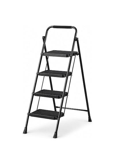 4 Basamak Siyah Katlanabilir Metal Merdiven, Geniş Kaymaz Basamaklı Ev Tipi Portatif Basamaklı Merdiven, Dayanıklı Metal Gövdeli İnce Tasarım Dar Alan Saklamalı Ev İçi Çok Amaçlı Merdiven
