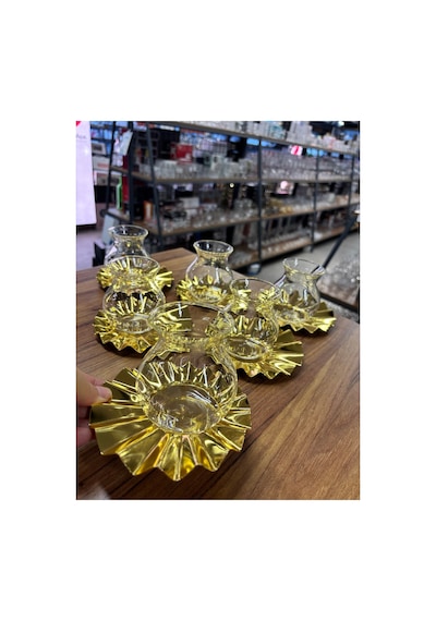 Metal Bardak Altlığı,cam Tiryaki Bardaklı Çay Seti,6 Kişilik12parça Çay Takımı,lüks,metal Çay Tabağı Gold