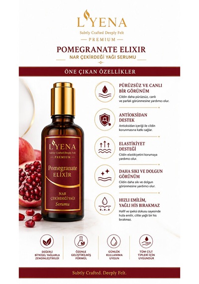 Lyena Premium Pomegranate Elixir Nar Çekirdeği Yağı Cilt Bakım Serumu 50 Ml Hızlı Emilim,ciltte Elastikiyet