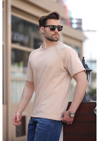 Madmext Bej Bisiklet Yaka Basic Erkek T-shirt E7138 Bej
