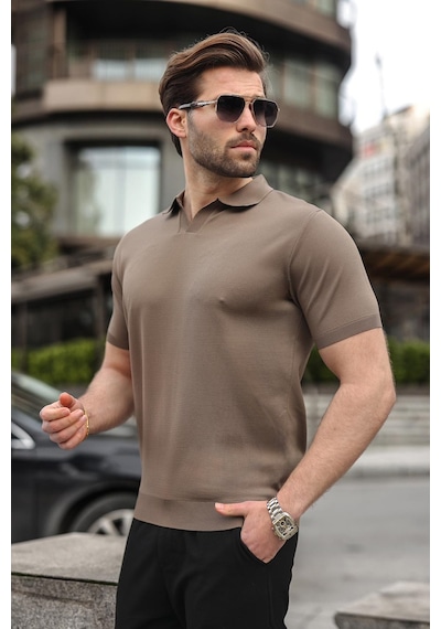 Madmext Açık Kahverengi Polo Yaka Triko Kısa Kollu Erkek Tişört E7463 Açık Kahverengi