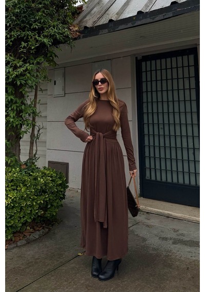 Laluvia Kahverengi Bağlamalı Elbise - 4988 Kahverengi