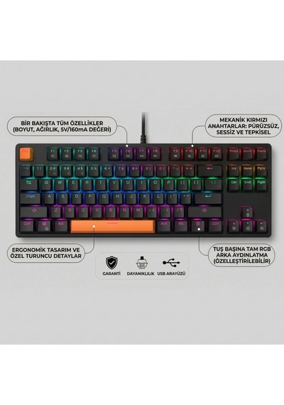 Gameagle 87 Tuşlu Kablolu Mekanik Hissiyatlı Rgb Gaming Klavye Kırmızı Switch Örgü Kablolu Siyah Oyuncu Klavyesi Tenkeyless