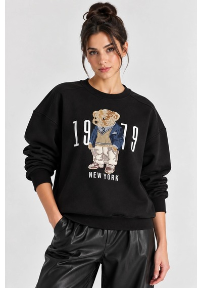 Mevese Kadın Rahat Kesim Teddy Ayıcık Nakış Detaylı Sweatshirt- Siyah