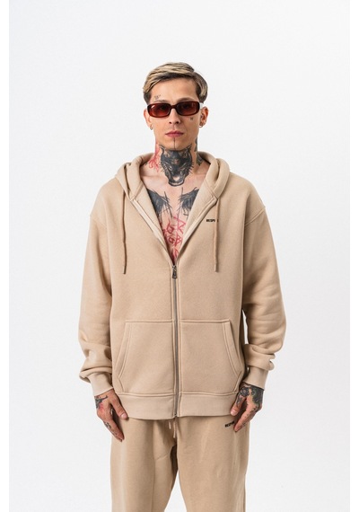 Erkek Respire Yazı Detaylı Kapüşonlu Basic Zip Oversize Hoodie Bej