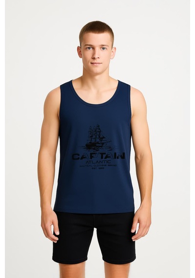 Markapia Man Erkek Kaptan Baskılı %100 Pamuk Kolsuz T-shirt Lacivert S