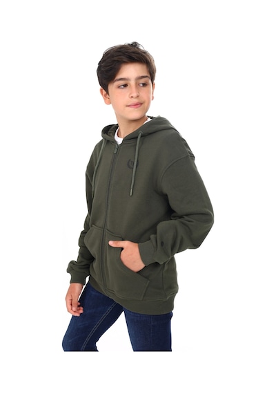 Toontoy Kids Toontoy Erkek Çocuk Kapüşonlu Fermuarlı Cepli Düşük Omuz Baskılı Örme Hırka - 3 İplik Şardonsuz Haki