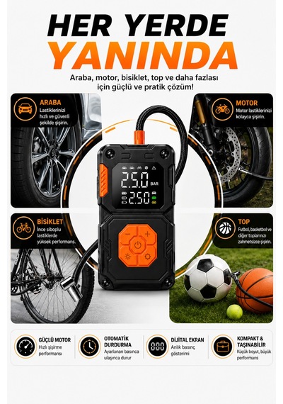 5000 Mah Taşınabilir Hava Pompası Kompresör 2 Ü 1 Arada Powerbank Dijital Ekran 150 Psı Araç Lastik Şişirme Cihazı