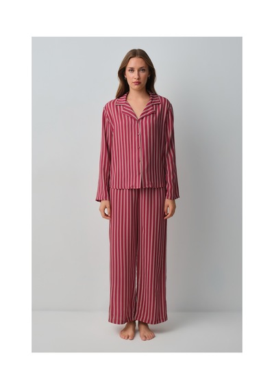 Suwen Siamore Gömlek Yaka Pijama Takımı Wsh105101121357 Bordo Çizgili