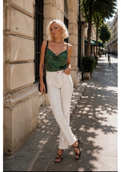 Efortless Chic Saten Degaje Yaka Askılı Bluz Yeşil