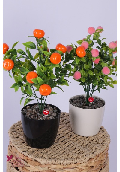 Yapay Çiçek Sitesi Plastik Saksıda Yapay Mini Mandalina & Şeftali Tanzimi 2 Li Set 33 Cm Çok Renkli